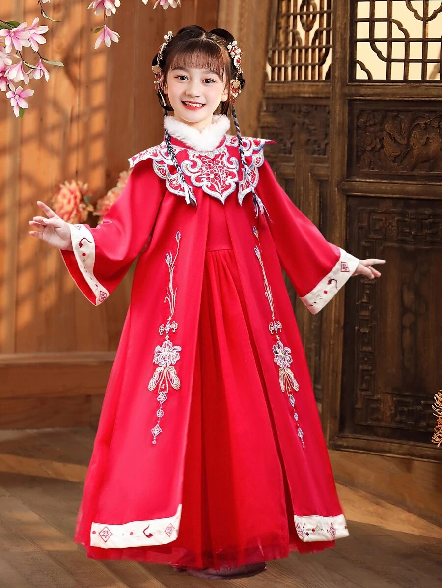 Chicas Vestido con bordado floral ribete lanudo chino para Año Nuevo - Rojo - Ver 1