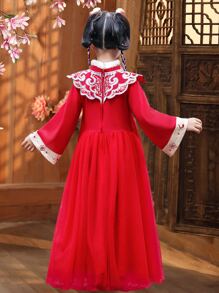 Chicas Vestido con bordado floral ribete lanudo chino para Año Nuevo - Rojo - Ver 2