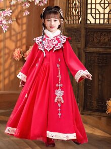 Chicas Vestido con bordado floral ribete lanudo chino para Año Nuevo - Rojo - Ver 3