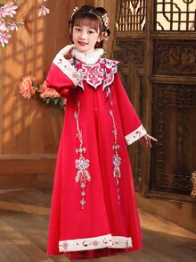 Chicas Vestido con bordado floral ribete lanudo chino para Año Nuevo - Rojo - Ver 4