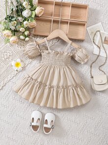 Bebé Vestido de hombros descubiertos bajo con fruncido - Albaricoque - Ver 2