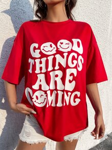 SHEIN EZwear Slogan & Expression Print Drop Shoulder Tee - Red - View 4