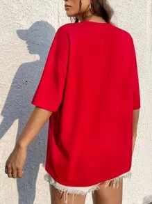 SHEIN EZwear Slogan & Expression Print Drop Shoulder Tee - Red - View 2