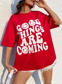 SHEIN EZwear Slogan & Expression Print Drop Shoulder Tee - Red - View 5