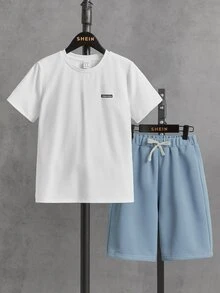 SHEIN 小孩T卹&短褲， slogen設計 - 霧霾藍 - 查看 2