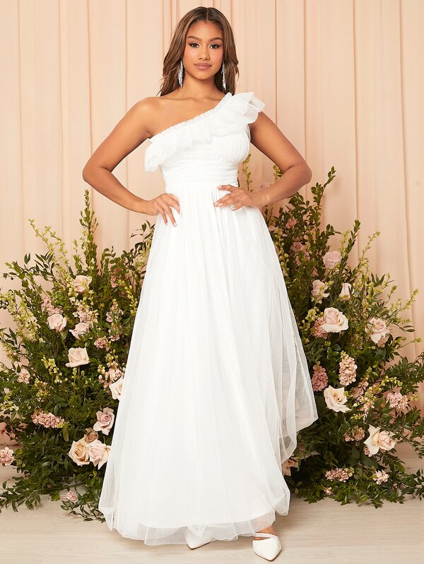 SHEIN Belle Ruffle Trim Ruched Mesh Maxi Wedding Dress SHEIN USA