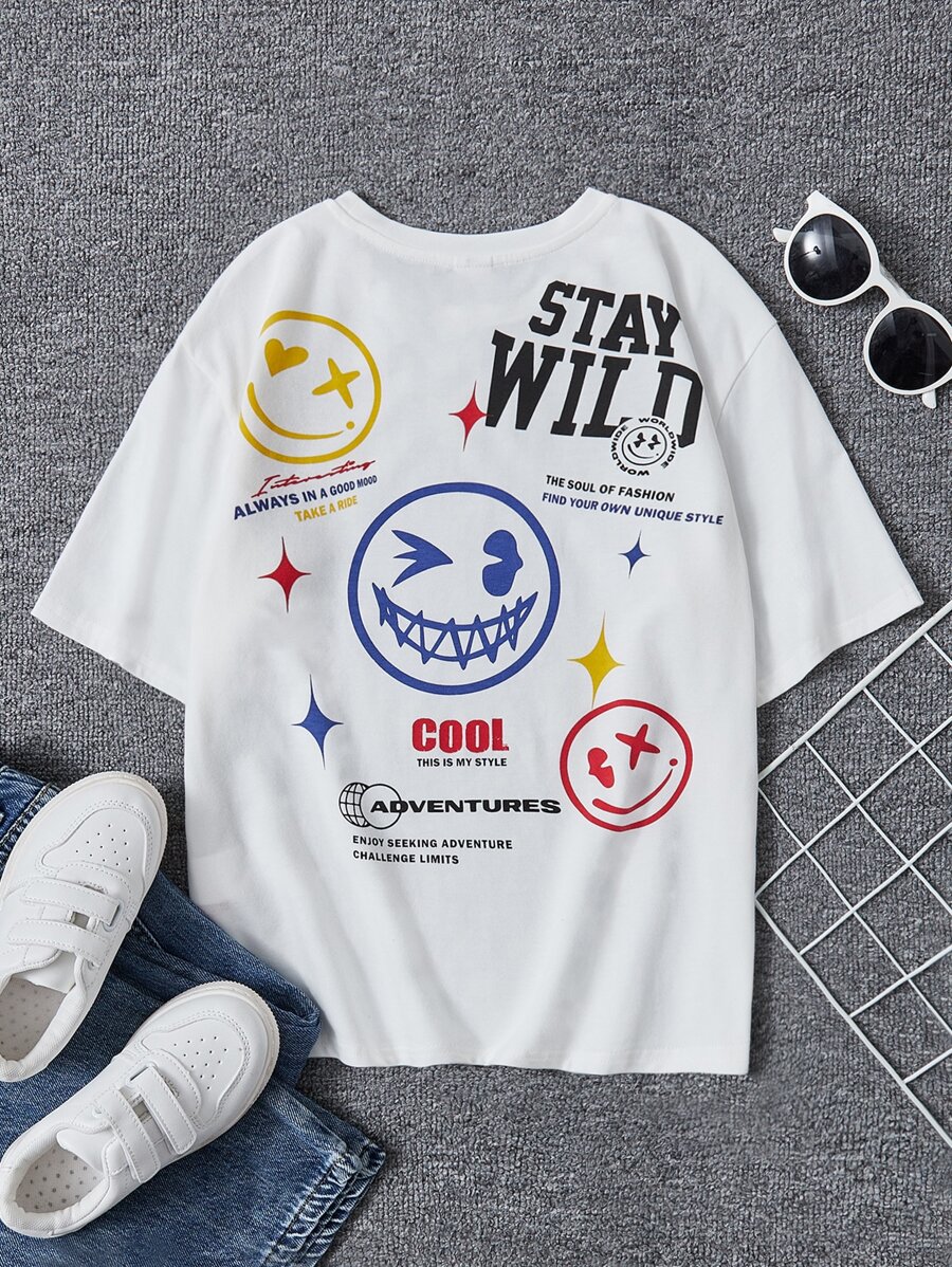 SHEIN 男孩卡通和標語圖案T恤
