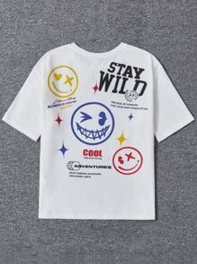 SHEIN 男孩卡通和標語圖案T恤