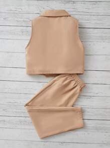 SHEIN Girls Double Button Vest Blazer & Trousers - Apricot - View 2