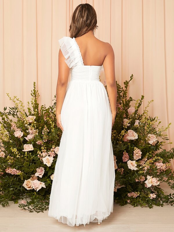 SHEIN Belle Ruffle Trim Ruched Mesh Maxi Wedding Dress SHEIN USA