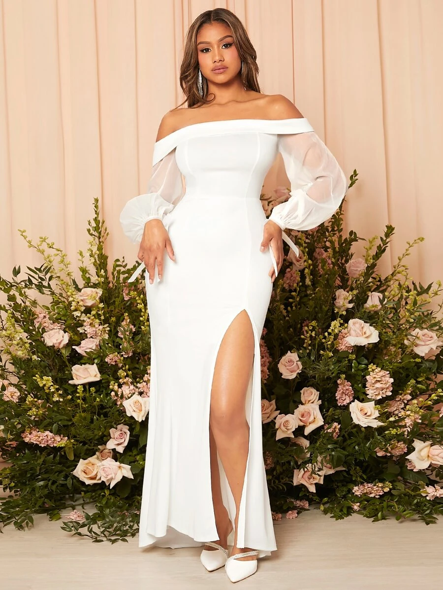 SHEIN Belle Off Shoulder Contrast Mesh Lantern Sleeve Split Thigh Wedding Dress - White - View 1