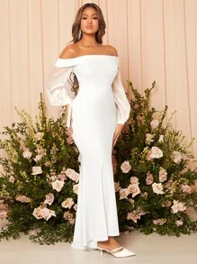 SHEIN Belle Off Shoulder Contrast Mesh Lantern Sleeve Split Thigh Wedding Dress - White - View 4