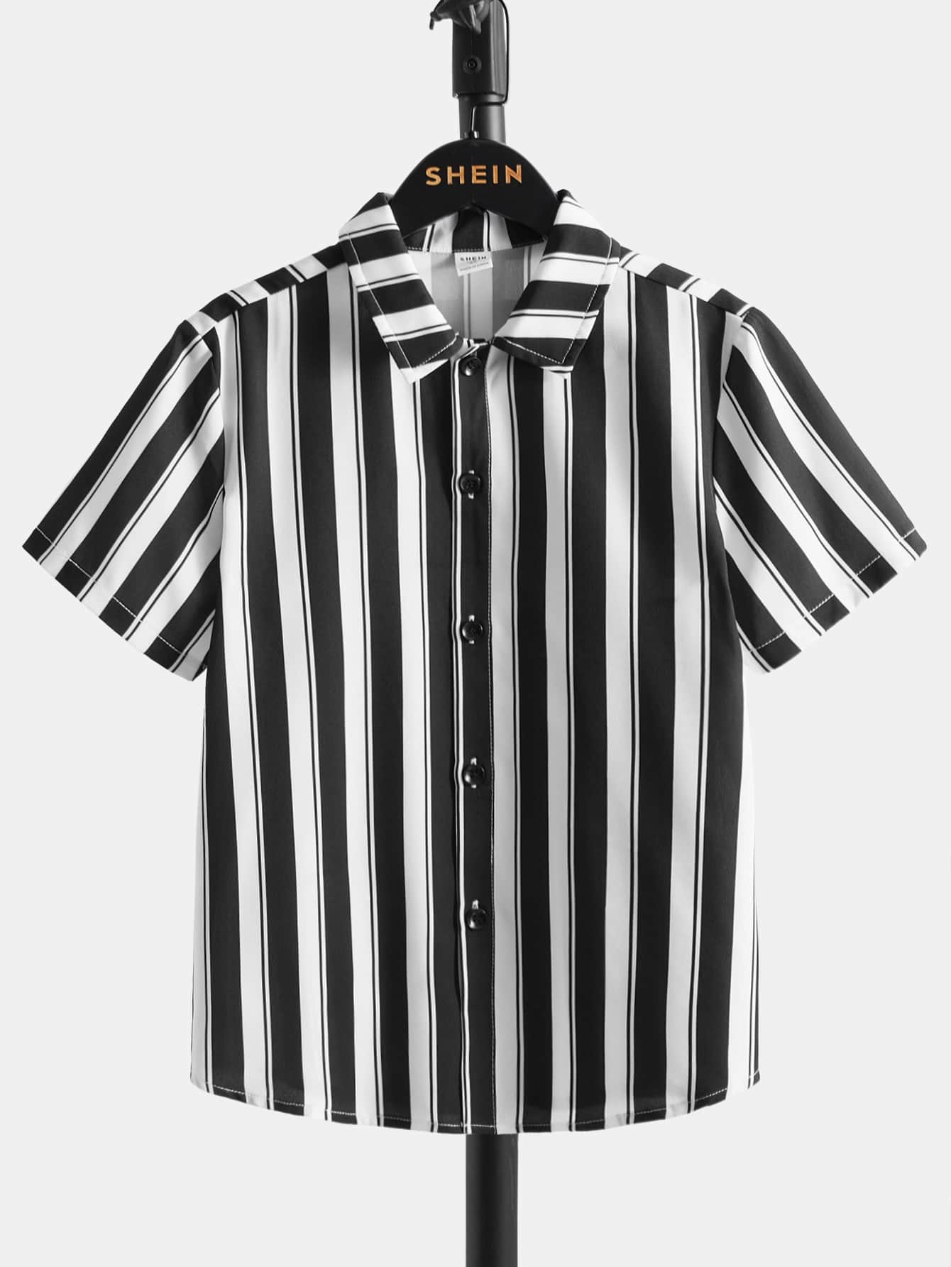 SHEIN Boys Vertical Striped Button Up Shirt - Black and White - View 1