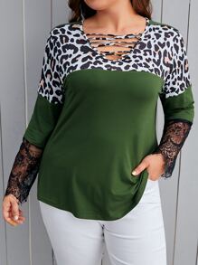 SHEIN LUNE Plus Leopard Print Crisscross Front Lace Cuff Tee - Multicolor - View 1