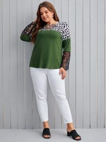 SHEIN LUNE Plus Leopard Print Crisscross Front Lace Cuff Tee - Multicolor - View 4