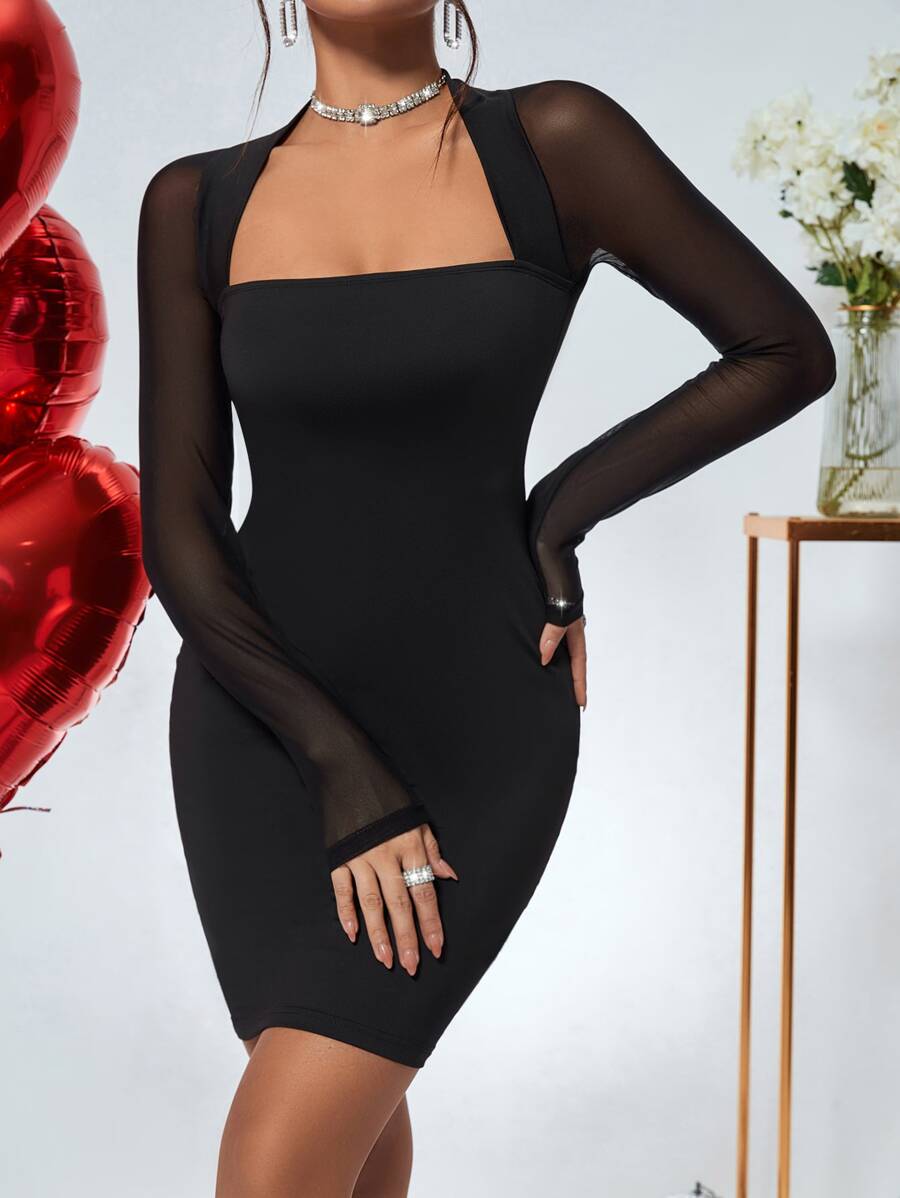 SHEIN Privé Vestido ajustado de cuello cuadrado de malla en contraste - Negro - Ver 1