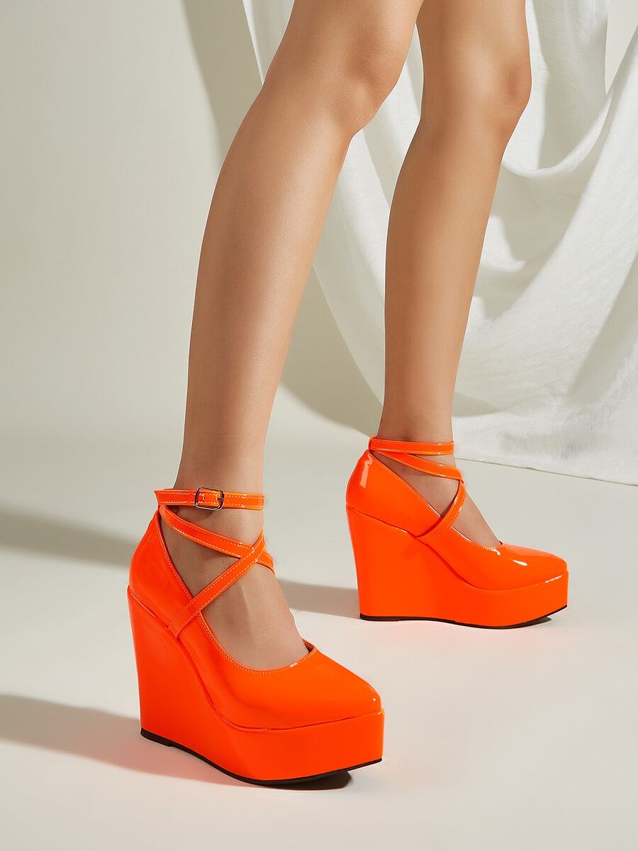 Neon Orange Ankle Strap Court Wedges - Orange - View 1