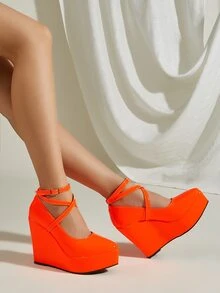 Neon Orange Ankle Strap Court Wedges - Orange - View 2