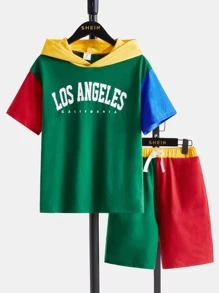 SHEIN Boys Letter Graphic Colourblock Hooded Tee & Track Shorts - Multicolor - View 1