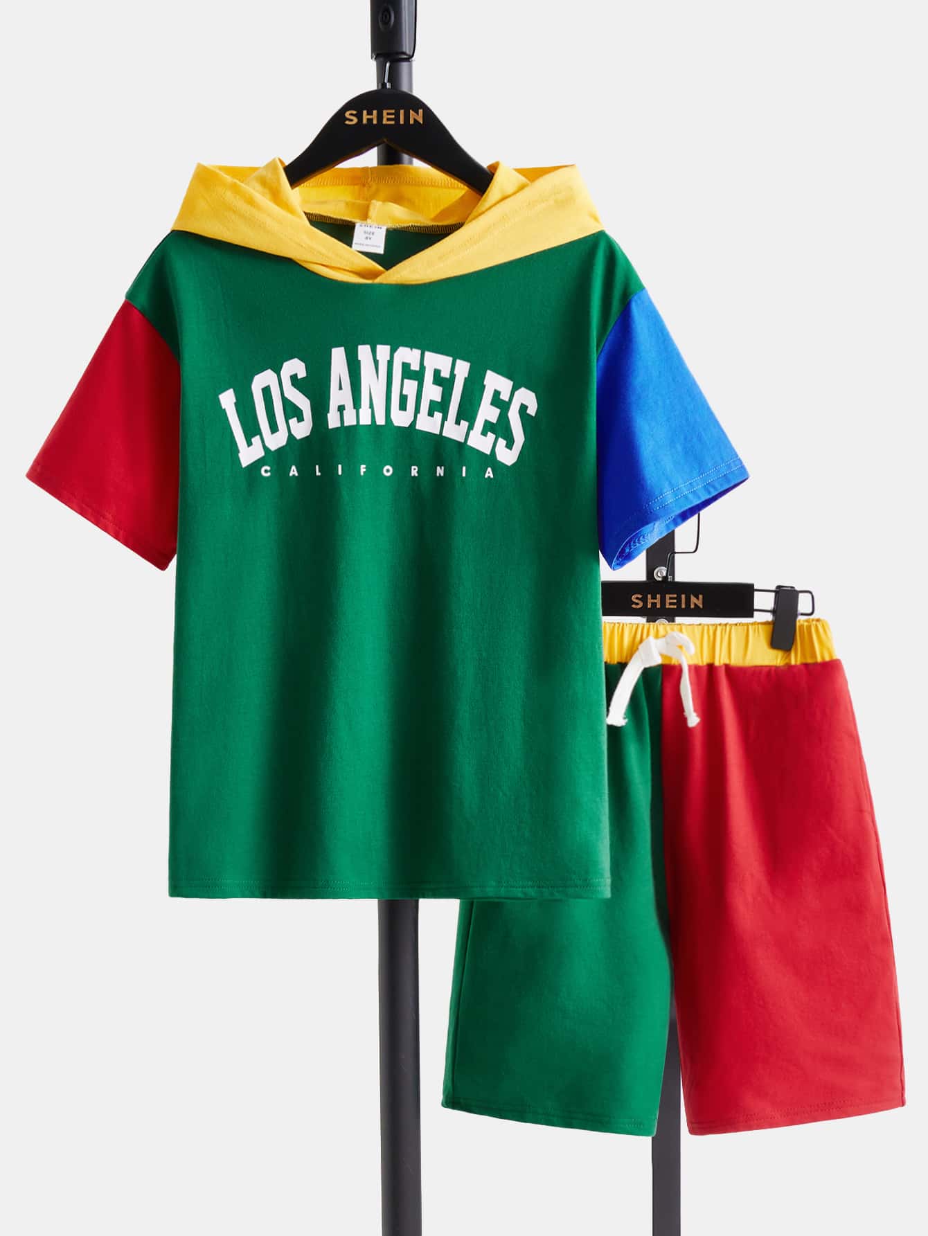 SHEIN Boys Letter Graphic Colourblock Hooded Tee & Track Shorts - Multicolor - View 1