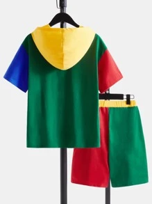 SHEIN Boys Letter Graphic Colourblock Hooded Tee & Track Shorts - Multicolor - View 2