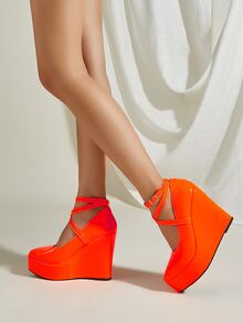 Neon Orange Ankle Strap Court Wedges - Orange - View 4