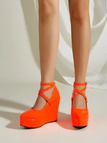 Neon Orange Ankle Strap Court Wedges - Orange - View 5
