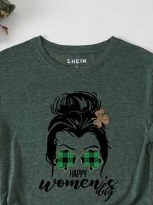 SHEIN LUNE Camiseta con estampado de figura y slogan - Verde Oscuro - Ver 4