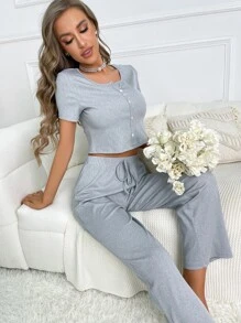 Button Front Tee & Tie Waist Trousers Lounge Set - Light Grey - View 6