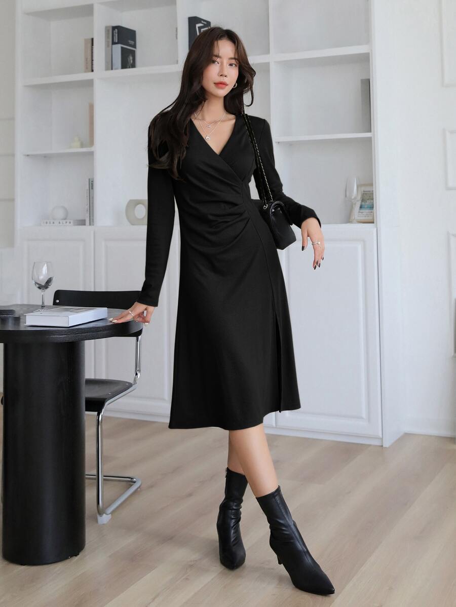 DAZY Surplice Neck Fold Pleated Split Hem Dress - Black - View 1