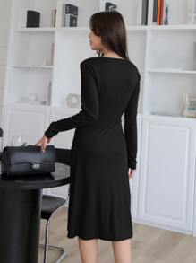 DAZY Surplice Neck Fold Pleated Split Hem Dress - Black - View 2