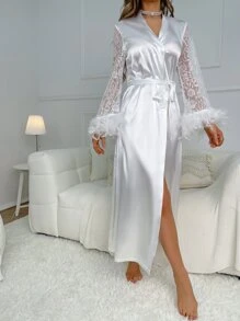 Bata de dormir con encaje en contraste manga de campana de peluche puño con cinturón de satén - Blanco - Ver 1