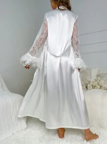 Bata de dormir con encaje en contraste manga de campana de peluche puño con cinturón de satén - Blanco - Ver 2