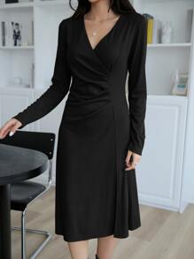 DAZY Surplice Neck Fold Pleated Split Hem Dress - Black - View 3