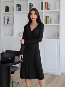 DAZY Surplice Neck Fold Pleated Split Hem Dress - Black - View 4