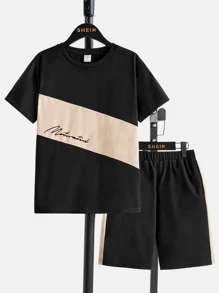 SHEIN Boys Letter Graphic Two Tone Tee & Shorts - Black - View 1