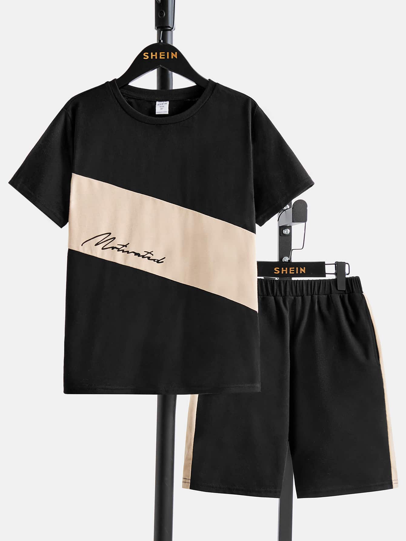SHEIN Boys Letter Graphic Two Tone Tee & Shorts - Black - View 1