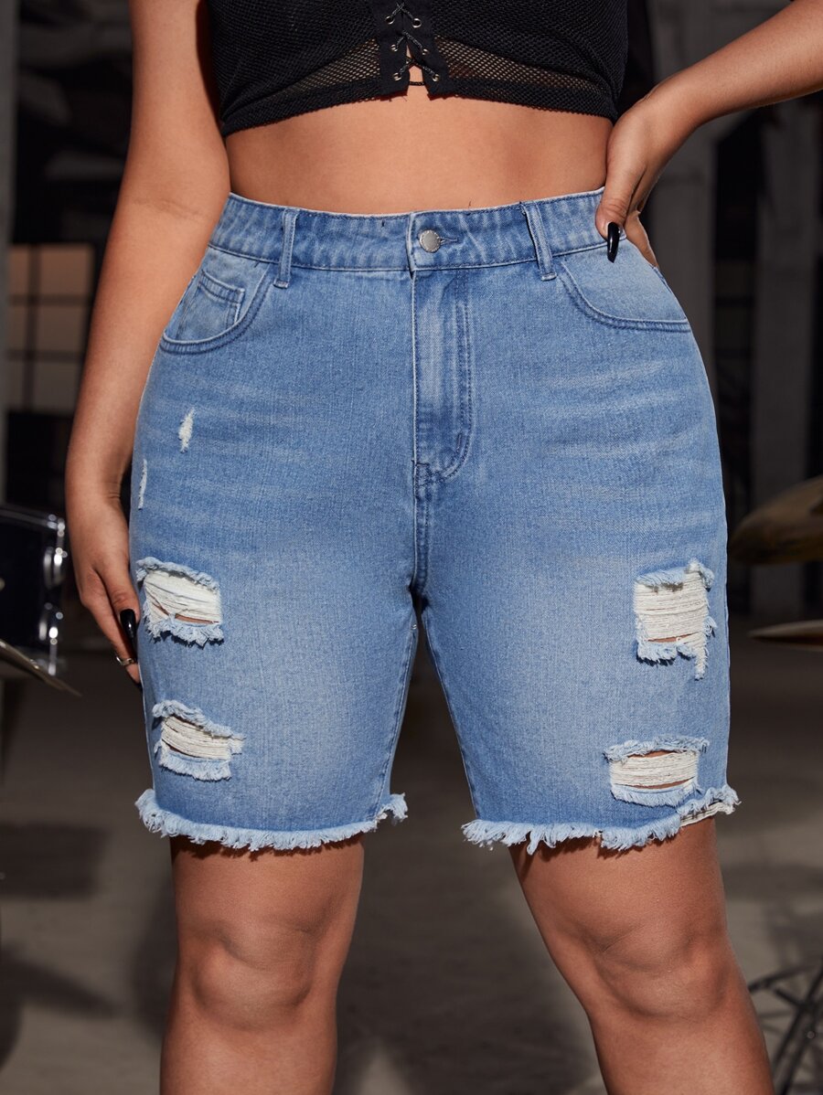 SHEIN ICON Quần short denim oversized Nút Túi Bị tách Dây kéo Hem thô màu trơn - Rửa nhẹ - Xem 1