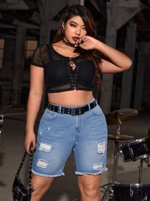 SHEIN ICON Quần short denim oversized Nút Túi Bị tách Dây kéo Hem thô màu trơn - Rửa nhẹ - Xem 6