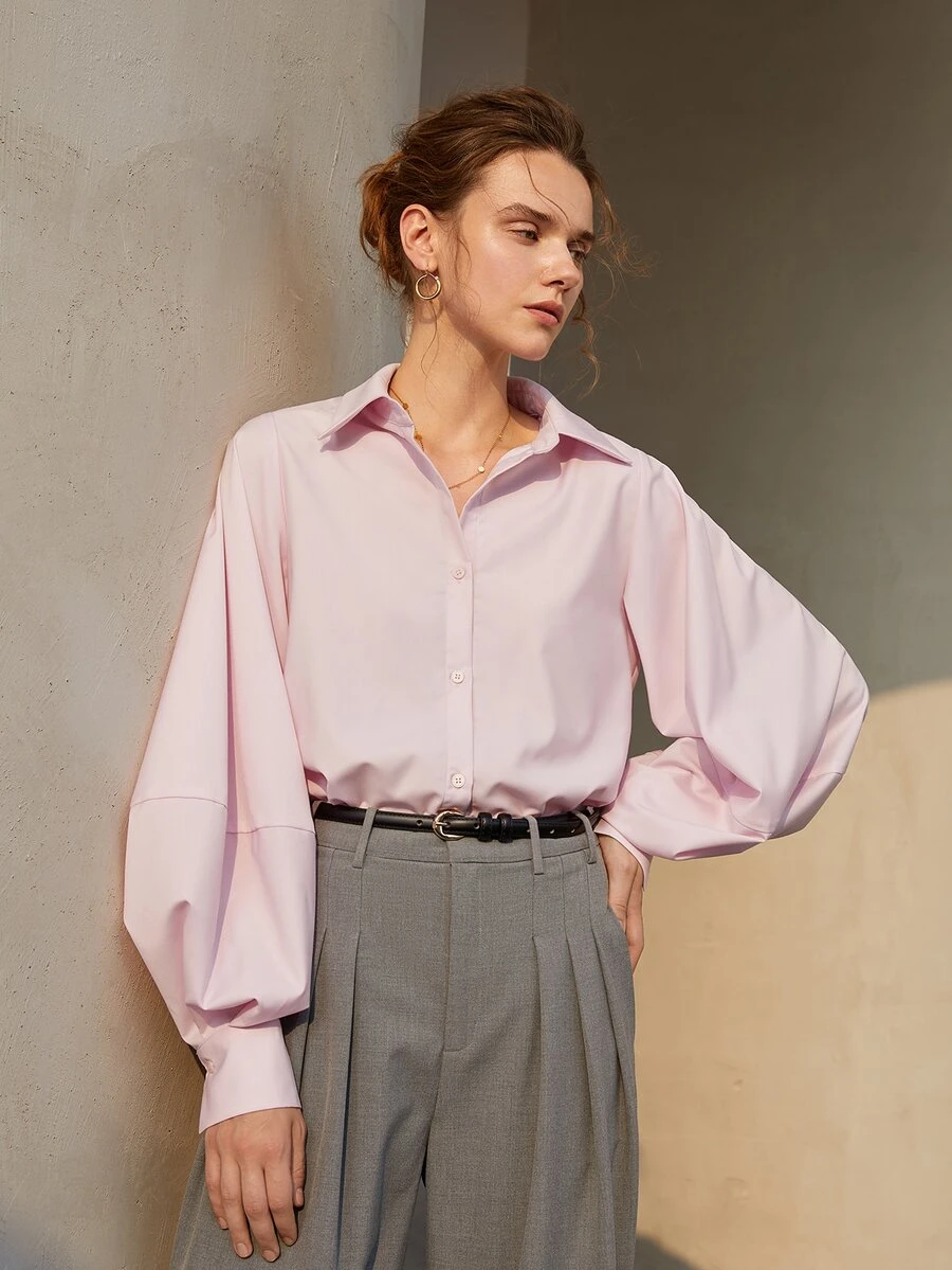 Solid Bishop Sleeve Button Front Shirt - Baby Pink - View 1