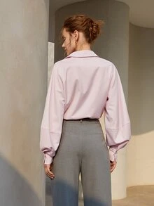 Solid Bishop Sleeve Button Front Shirt - Baby Pink - View 2