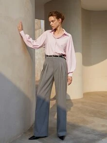 Solid Bishop Sleeve Button Front Shirt - Baby Pink - View 3