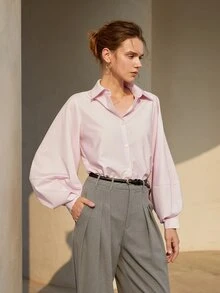 Solid Bishop Sleeve Button Front Shirt - Baby Pink - View 4