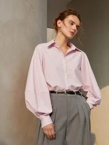 Solid Bishop Sleeve Button Front Shirt - Baby Pink - View 5