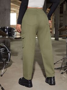 SHEIN ICON Plus High Waist Flap Pocket Cargo Jeans - Army Green - View 2
