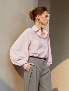 Solid Bishop Sleeve Button Front Shirt - Baby Pink - View 6
