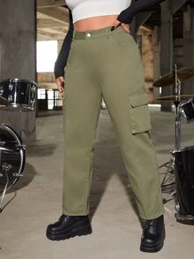 SHEIN ICON Plus High Waist Flap Pocket Cargo Jeans - Army Green - View 5