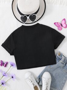 SHEIN Tops con gái Lá thư Loại bướm Giải trí - màu đen - Xem 2