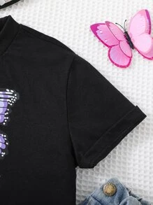 SHEIN Tops con gái Lá thư Loại bướm Giải trí - màu đen - Xem 3