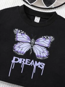 SHEIN Tops con gái Lá thư Loại bướm Giải trí - màu đen - Xem 4